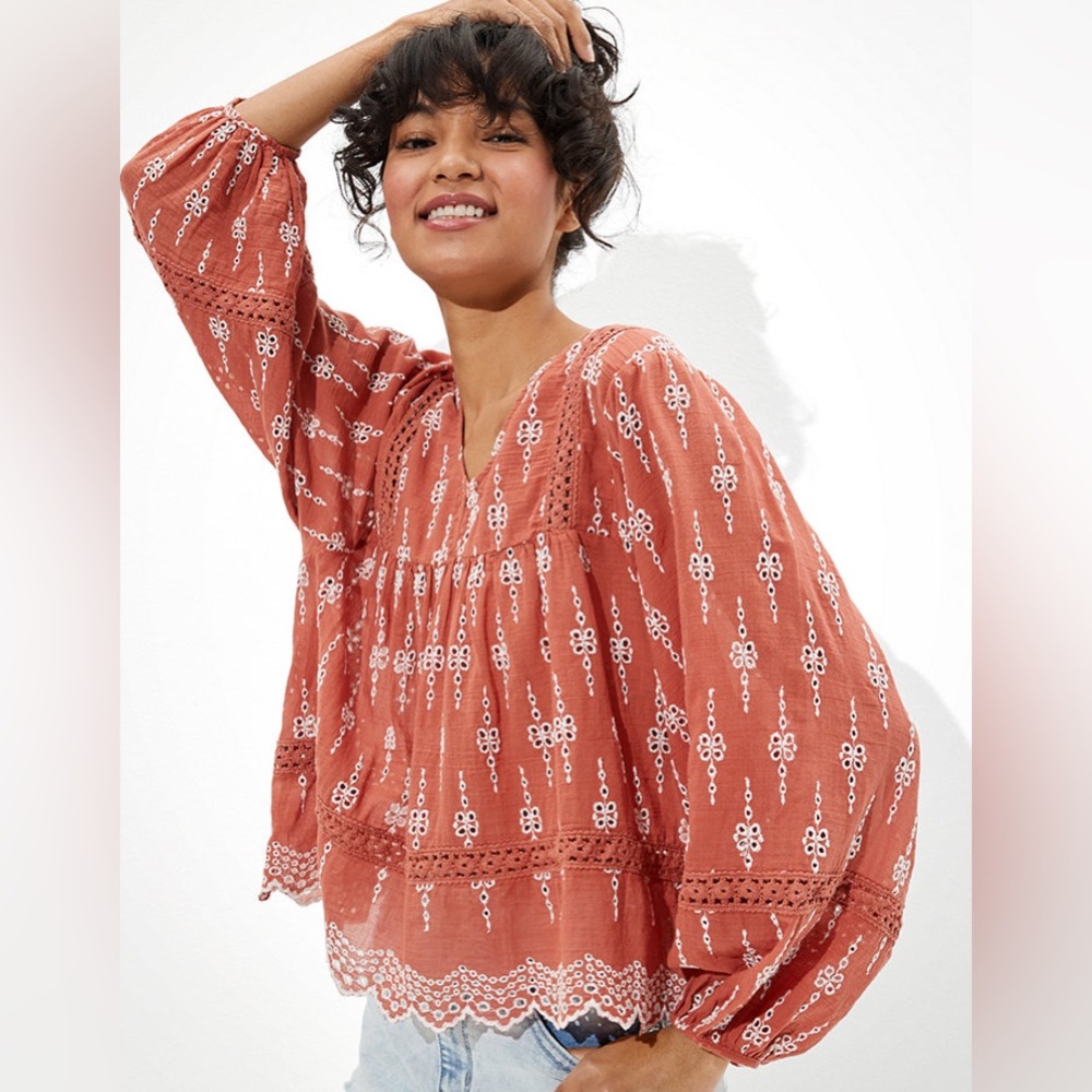 American Eagle M Embroidered Blouse Top